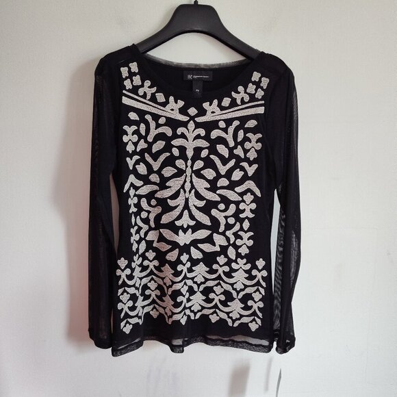 Ladies SZ PM Inc Black Mesh Embroidered Long-Sleeve Top - Picture 1 of 4